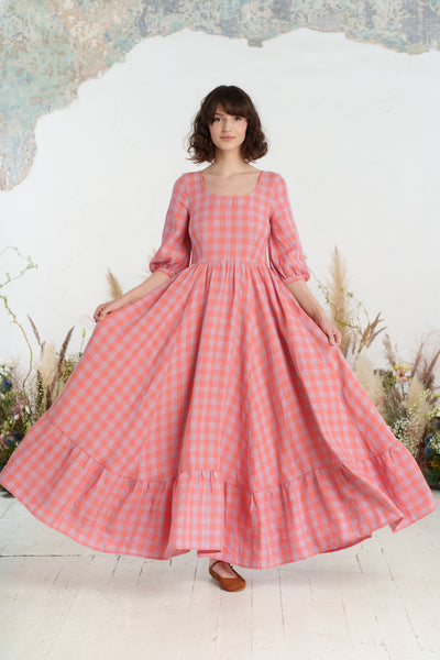 Maxi Carmen Dress, 3/4 Sleeve, Pink Gingham
#color_pink-gingham