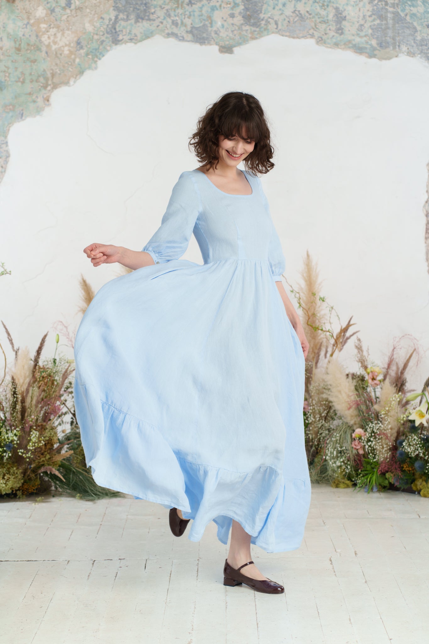 Maxi Carmen Dress, 3/4 Sleeve, Skye Blue
#color_skye-blue