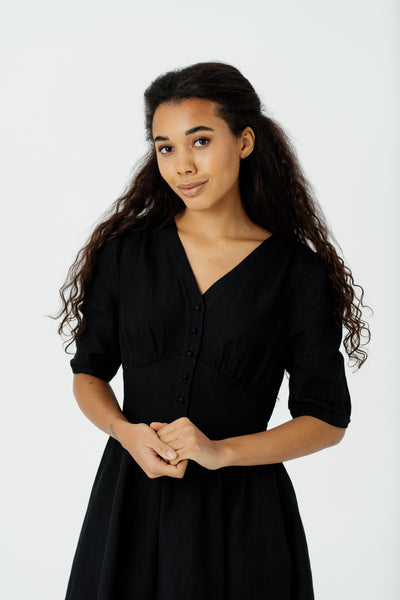 Diane Dress, Puffed Sleeve, Black Pansy#color_black-pansy